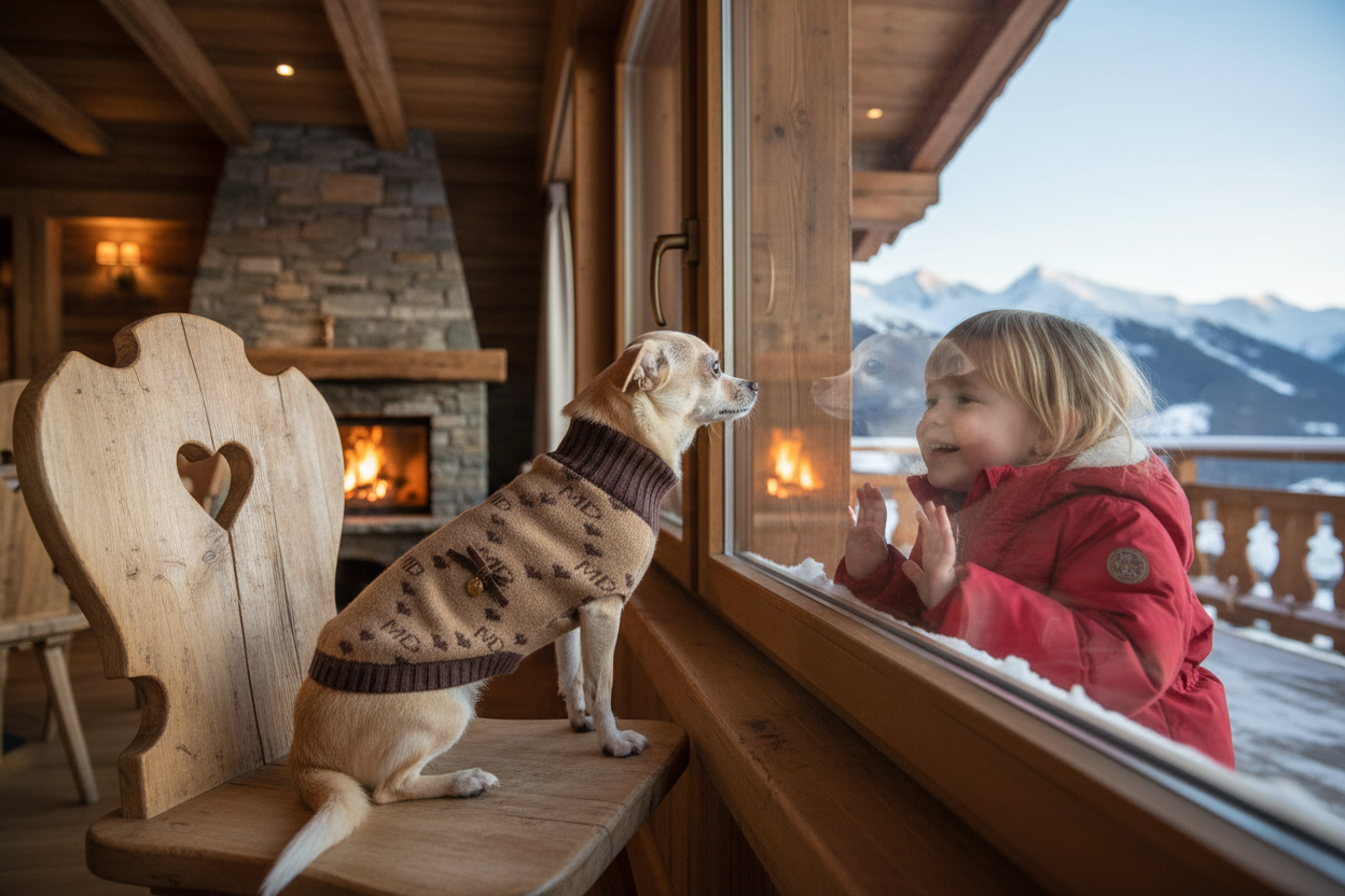 Cagnolina al ristorante di montagna guarda bambina dalla finestra