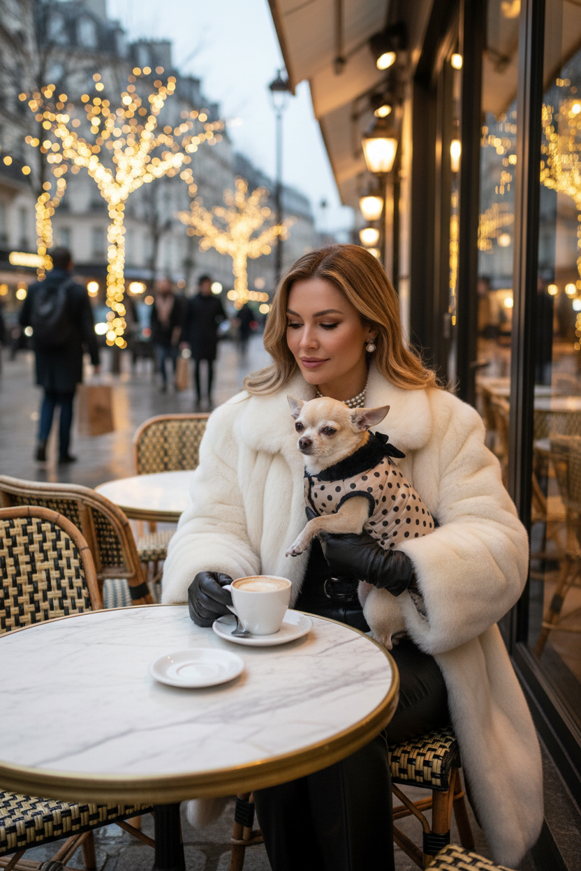 Cagnolina con cappottino in braccio a donna ricca al caffè di Parigi in inverno