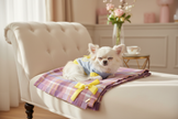 Chihuahua bianco con maglioncino azzurro sulla chaise longue
