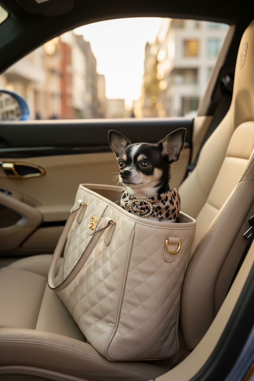 Chihuahua in borsa appoggiata allo schienale Porsche