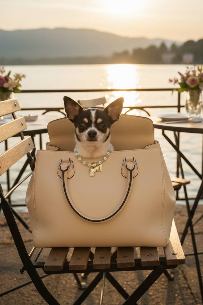Chihuahua nella borsetta al lago con collana