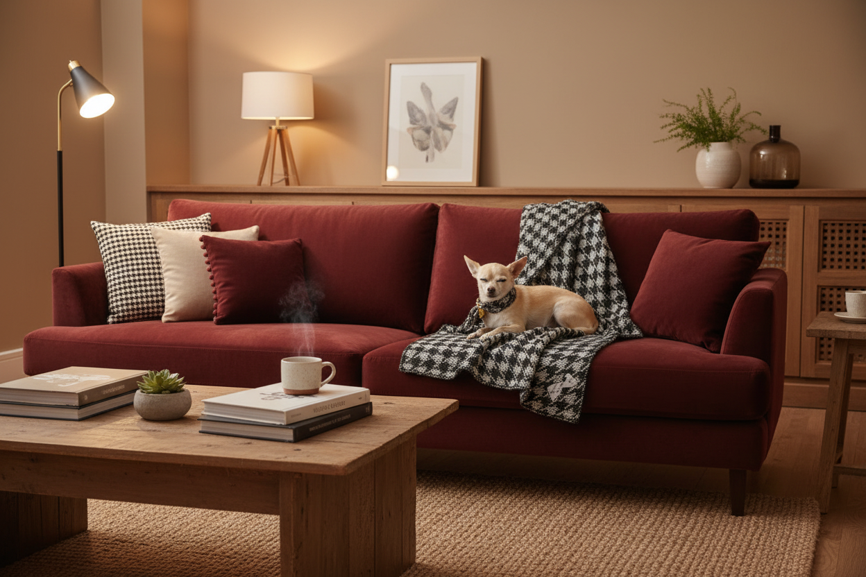 Chihuahua sul divano rosso con coperta pied-de-poule