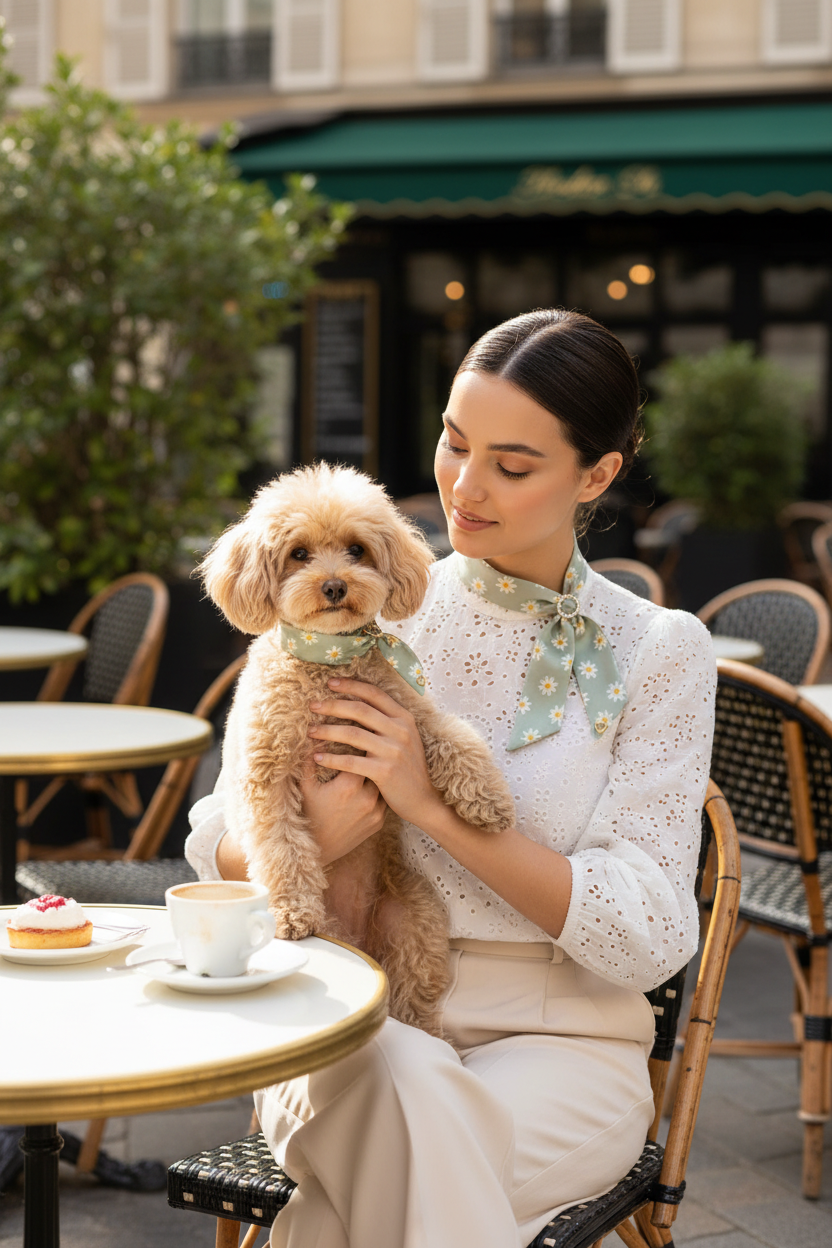 Donna al caffè con barboncino champagne