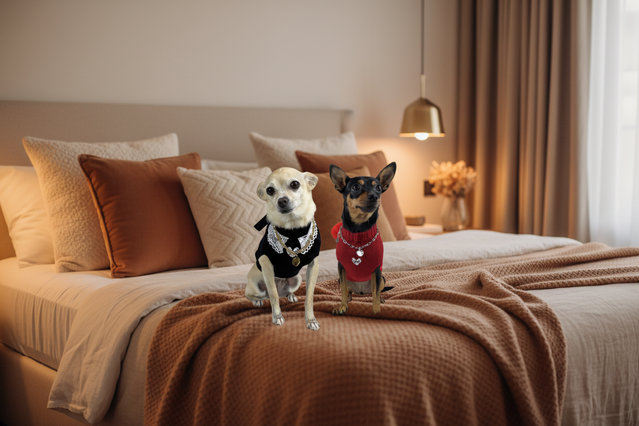 Due cagnoline sul letto tra i cuscini