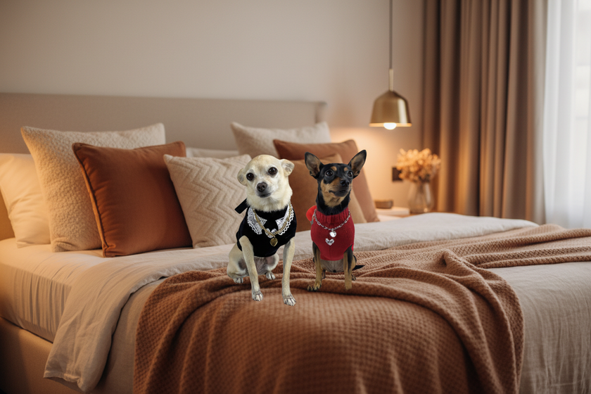 Due cagnoline sul letto tra i cuscini