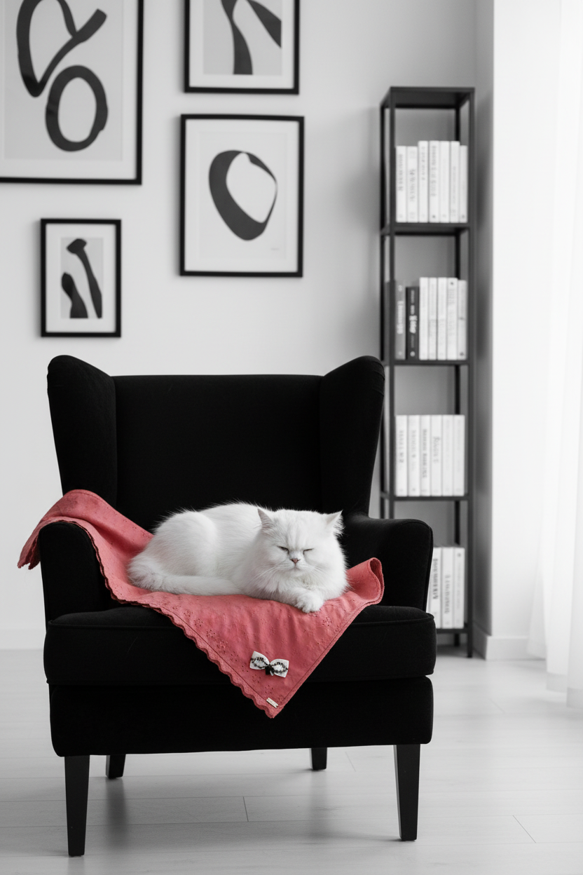 Gatto bianco sulla copertina rosa in poltrona nera