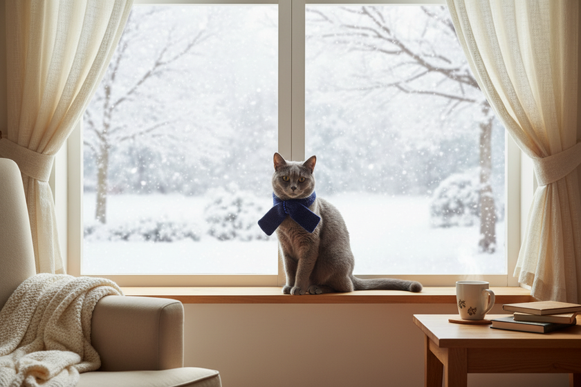 Gatto grigio con sciarpina blu moon alla finestra
