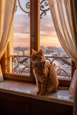 Gatto rosso con foulard leopardato alla finestra