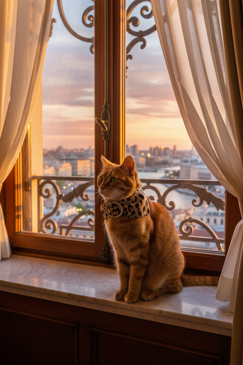 Gatto rosso con foulard leopardato alla finestra