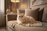 Gatto sul divano con copertina champagne