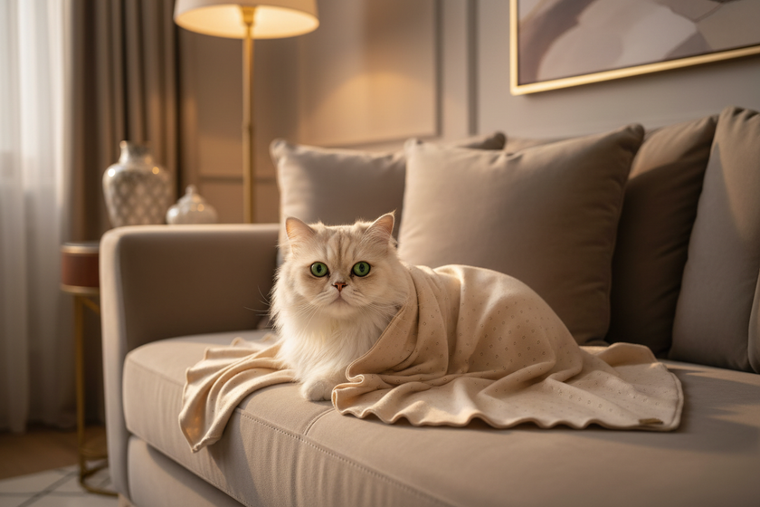 Gatto sul divano con copertina champagne