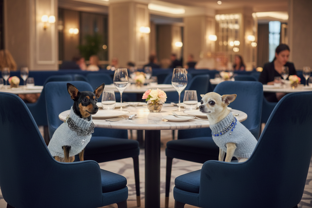 Le due cagnoline sedute al tavolo del ristorante