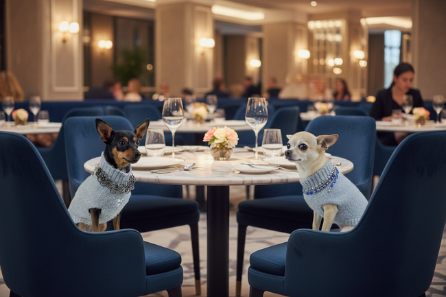 Le due cagnoline sedute al tavolo del ristorante