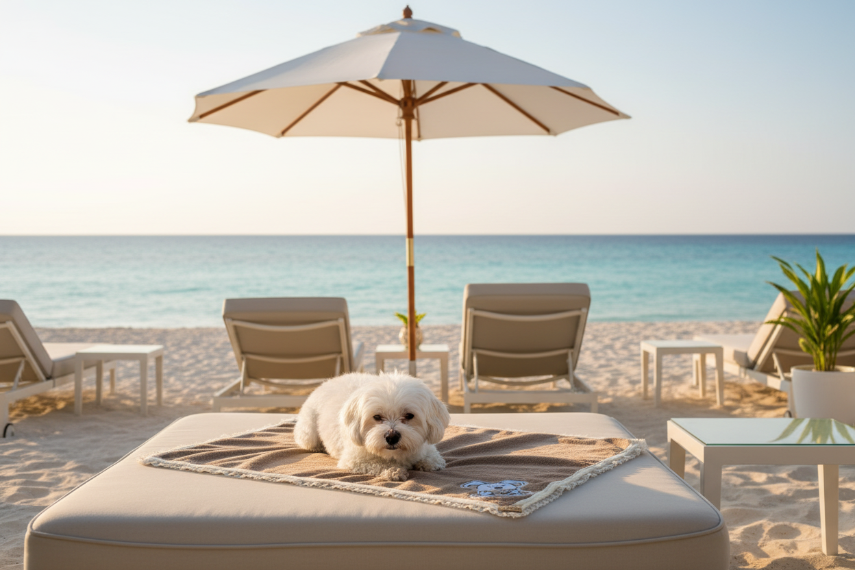 Maltese sulla copertina in spiaggia di lusso