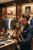 Pinscher con collana in boutique di lusso