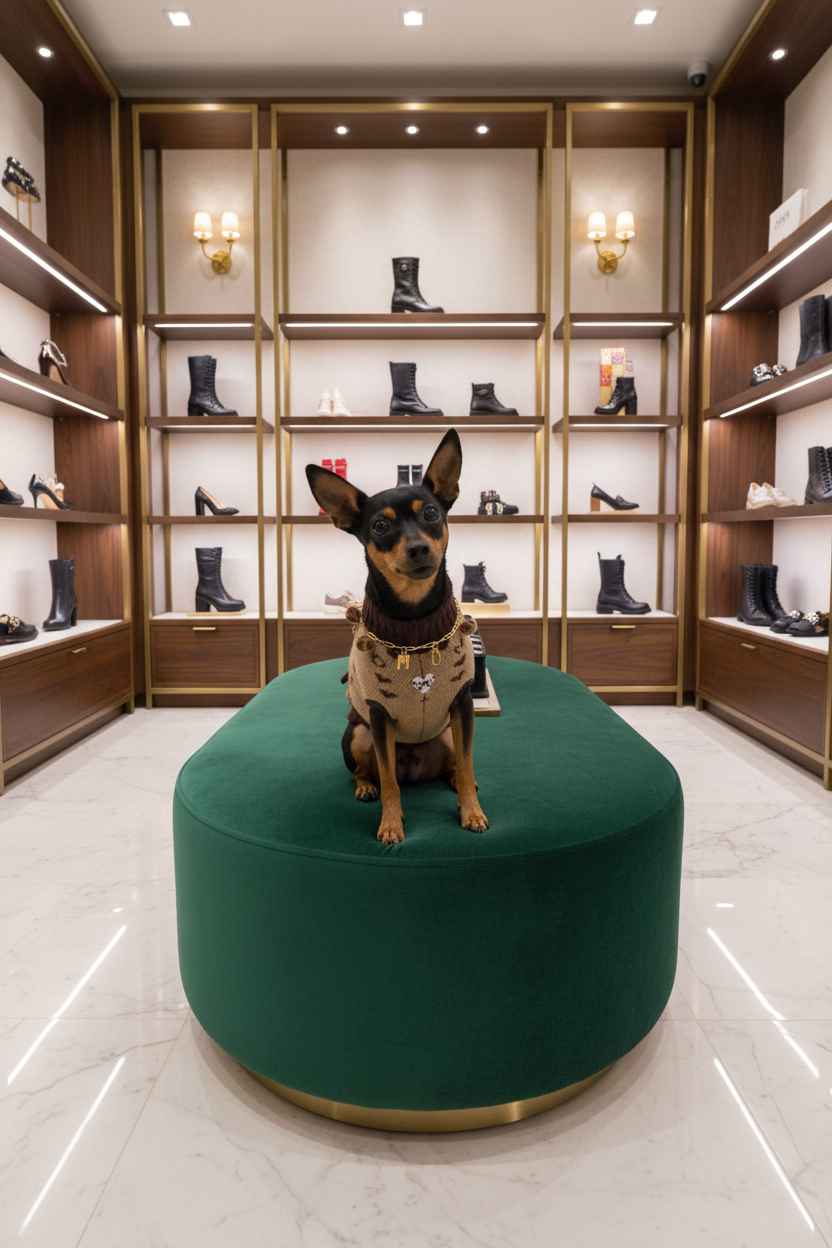 Pinscher con maglioncino monogram nel negozio di scarpe