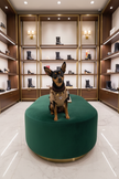Pinscher con maglioncino monogram nel negozio di scarpe