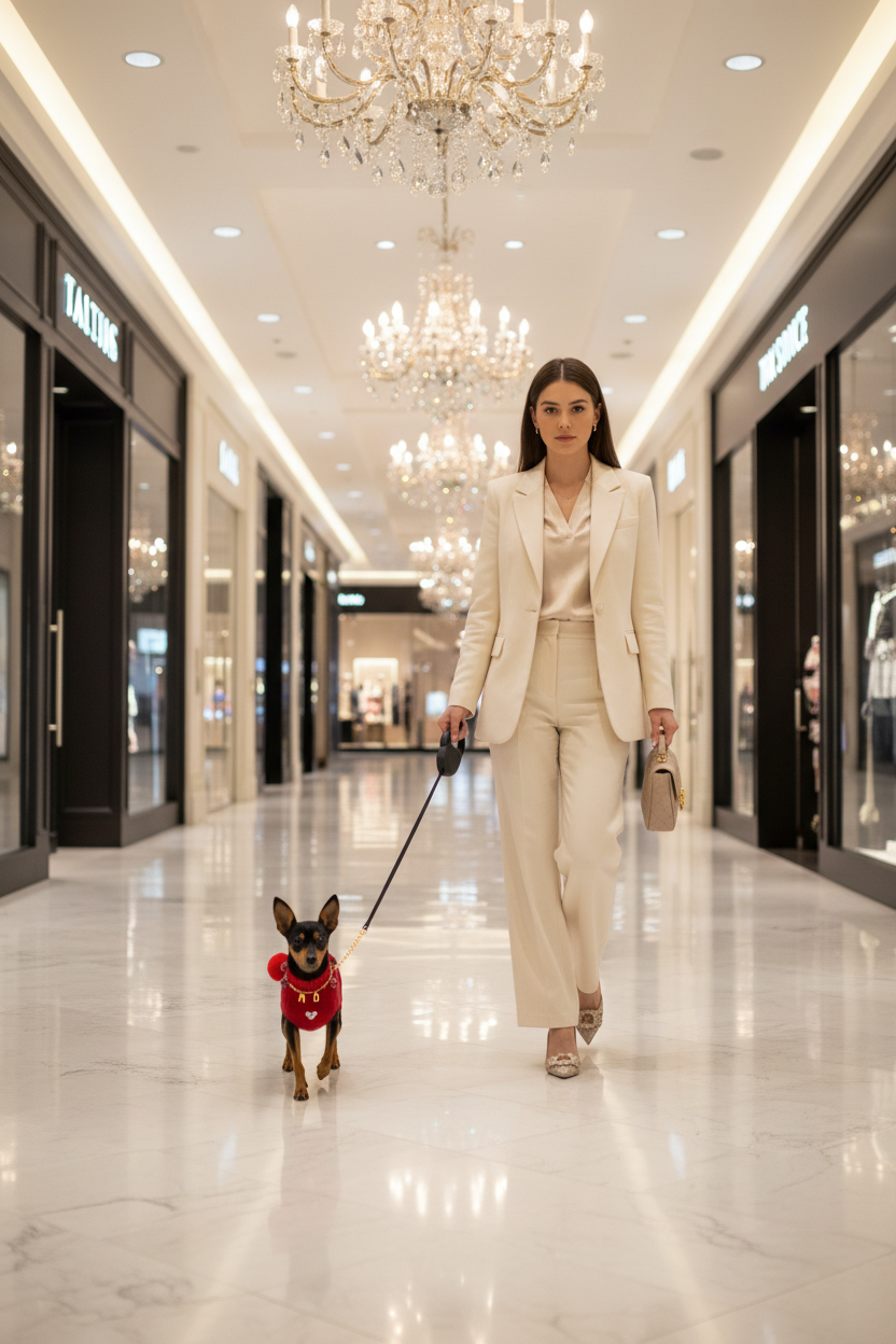 Pinscher con maglioncino rosso MD nel centro commerciale di lusso