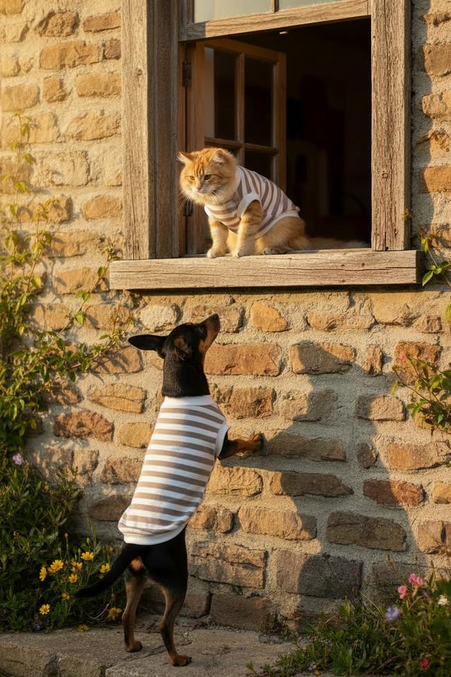 Pinscher e gatto senza cuori sulle magliette