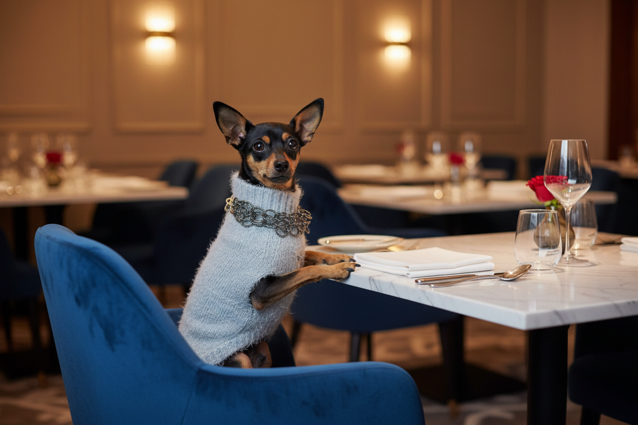 Pinscher seduta sulla sedia al ristorante - secondo tentativo