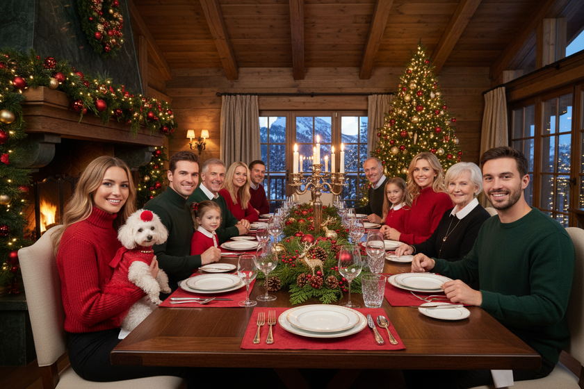 Pranzo di Natale in chalet con barboncina in abitino rosso lurex