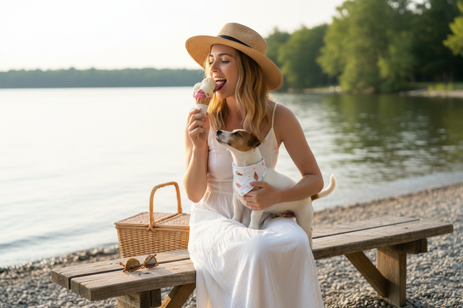 Ragazza con Jack Russell e bandana ice cream in riva al lago