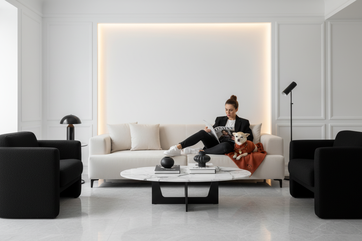 Salotto chic con cagnolina sulla coperta