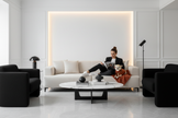 Salotto chic con cagnolina sulla coperta